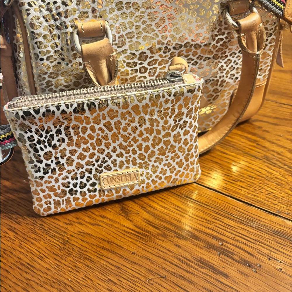 Consuela Kit Luncheon and Coin Purse Leopard Print Tan and Gold